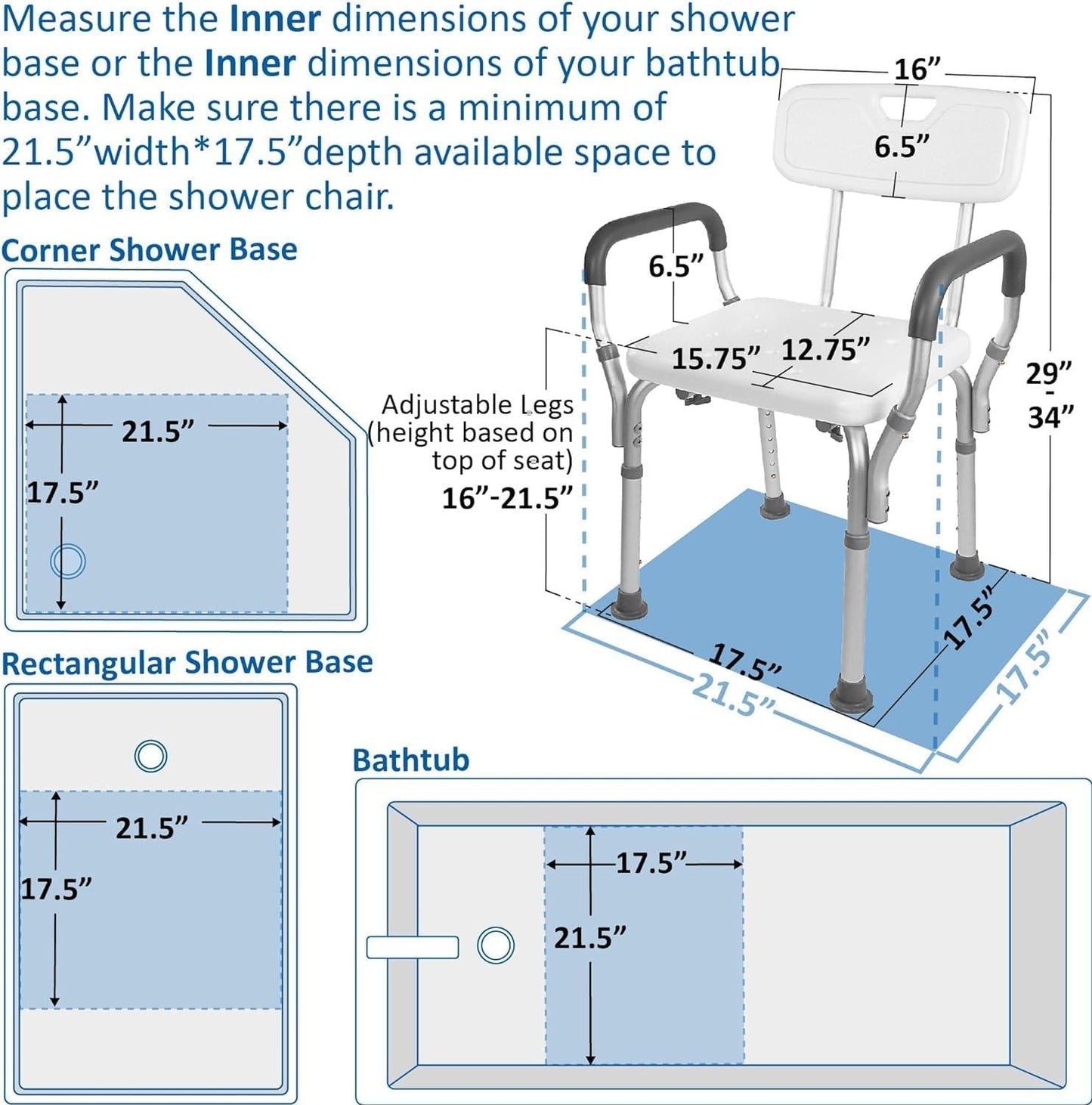 Shower Chair with Detachable Arm Rest & Height Adjustable