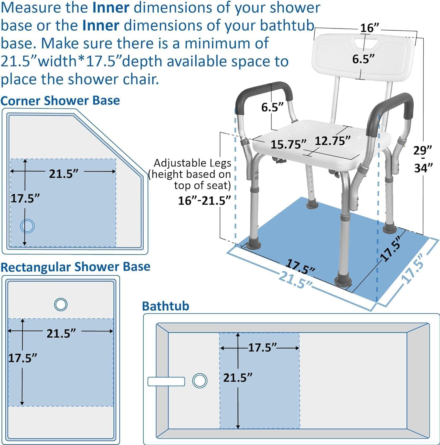 Shower Chair with Detachable Arm Rest & Height Adjustable