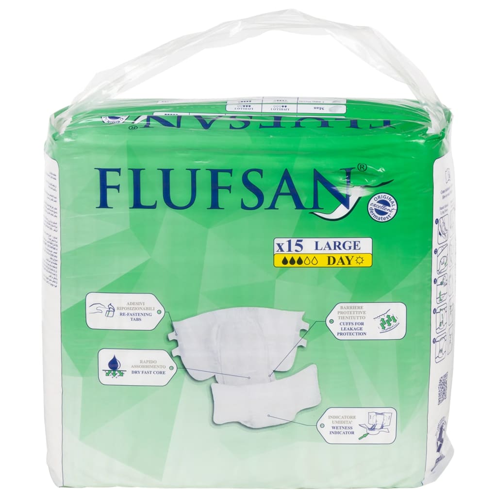 Flufsan Adult Diapers Large Poly Backed - Packet of 15 Pcs